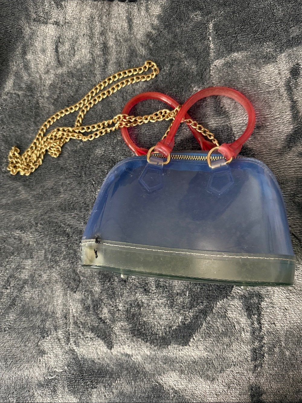 Transparent Navy Dome Satchel with Red Handles and Gold Chain
